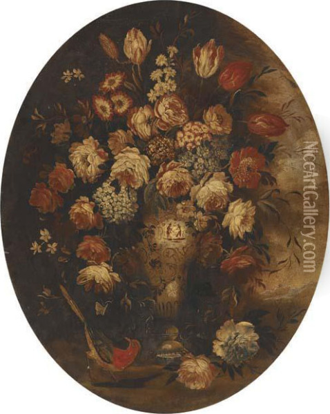 Roses, Tulips And Other Mixed Flowers In A Chinese Vase With Abird Oil Painting - Mario Nuzzi Mario Dei Fiori