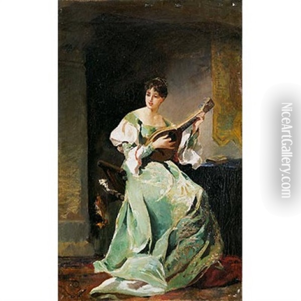 Mujer Con Mandolina Oil Painting - Eduardo Rosales