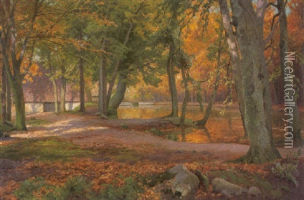 Herbstlicher Waldweg Am Flus Oil Painting - Heinrich Boehmer
