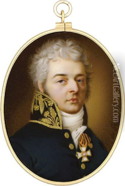 A Fine Enamel Miniature Of A Nobleman Called Prince N. S.volkonsky, With Powdered Curly Hair And Sideburns, In Dark Blueuniform With Gold Embroidered High Collar, White Stock, Wearing Thebadge Of The Imperial Russian Order Of St. George The Martyr Andvanq Oil Painting - Pietro De Rossi