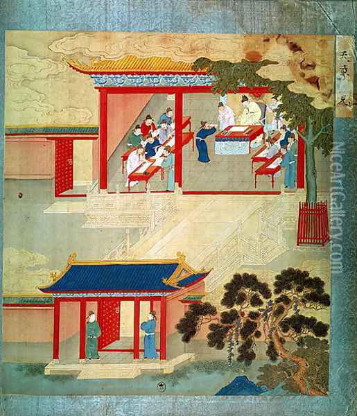 Civil Service Exam Under Emperor Jen Tsung (fl.1022) from a history of Chinese emperors Oil Painting - Anonymous Artist
