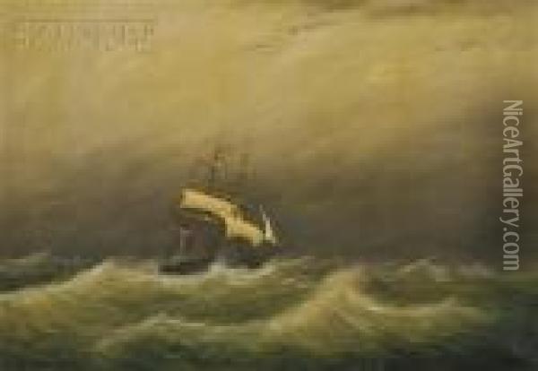 Ship In Stormy Seas Oil Painting - Clement Drew
