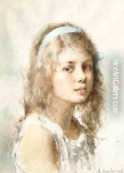 Portrait of Young Girl with Blue Ribbon Oil Painting - Alexei Alexeivich Harlamoff