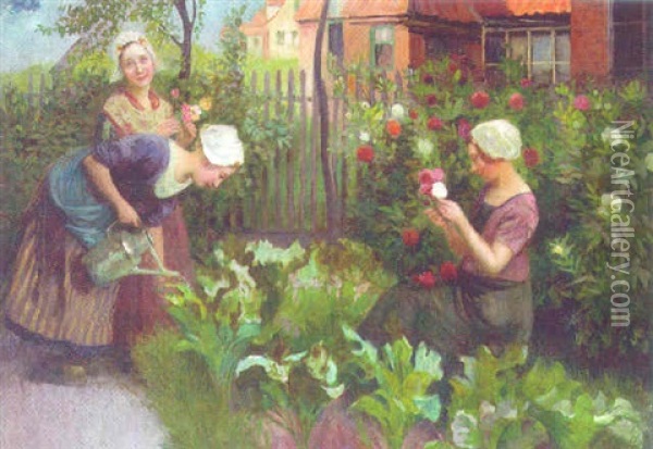 Three Girls In A Garden Oil Painting - Carl Duxa