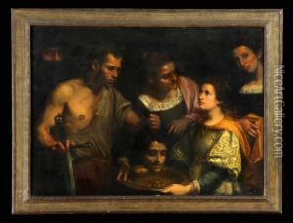 Solomon Presenting The Head Of St. John To Herod Oil Painting - Luciano Borzone