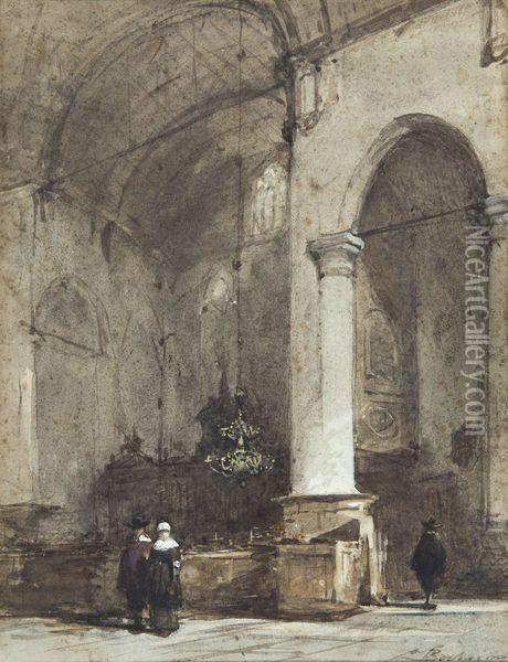 Interier D'eglise Avec Trois Personnages Oil Painting - Johannes Bosboom