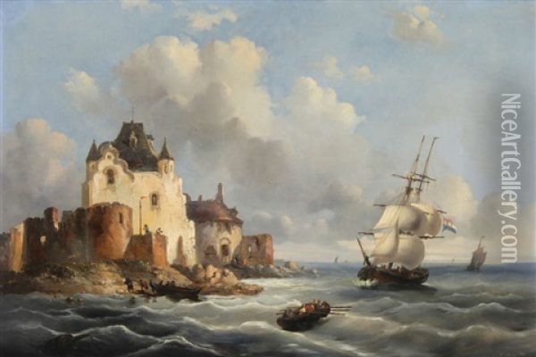 Vue D'un Port Avec Trois-mats Hollandais Oil Painting - Francois-Etienne Musin
