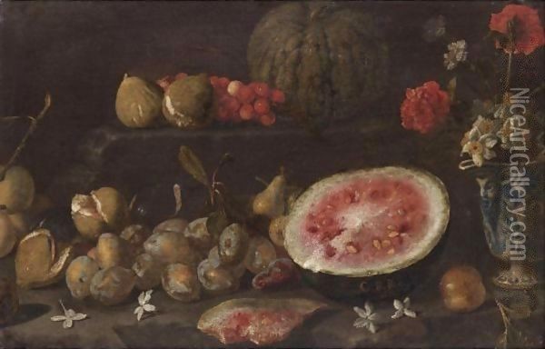 Still Life With Plums, Passionfruit, Cherries, Watermelon And A Vase Of Flowers Oil Painting - Giovanni Battista Ruoppolo