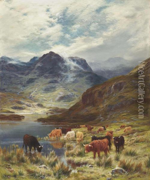 Highland Cattle Watering Beside A Loch Oil Painting - Louis Bosworth Hurt