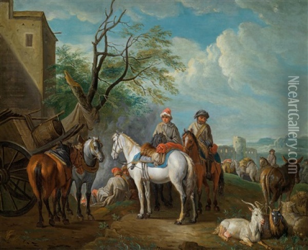 Rastende Reiter In Einer Arkadischen Landschaft Oil Painting - Pieter van Bloemen