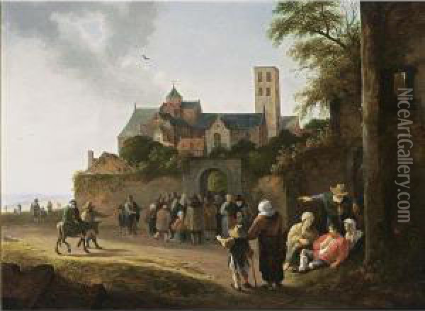 Utrecht: The Mariakerk With 
Travellers, Pilgrims And Beggars Outside The City Walls Going To The 
Church Oil Painting - Pieter de Bloot