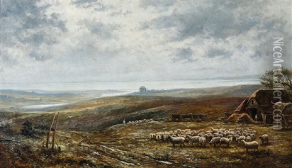Weite Landschaft Mit Schafsherde Unter Bewolktem Himmel Oil Painting - Enrico Coleman