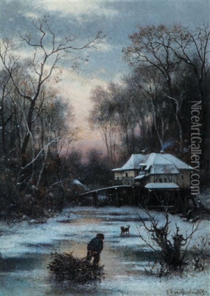 Abendliche Winterlandschaft Mit Zugefrorenem Flusslauf Oil Painting - Karl Breitbach