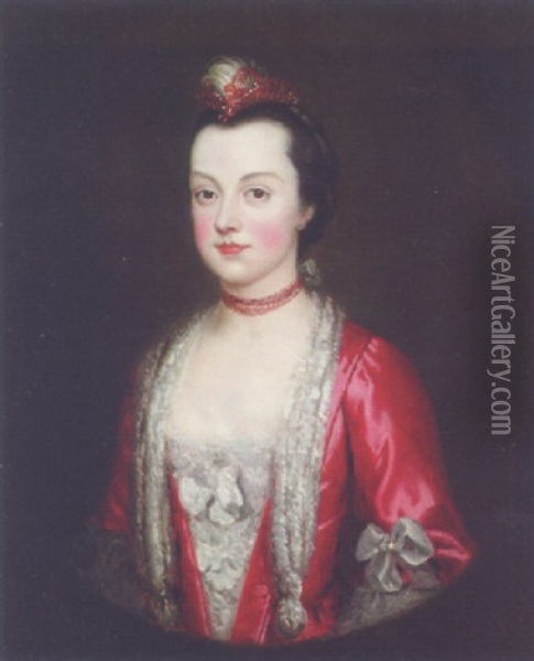 Portrait Of A Lady In A Red Dress With Lace Trimming, And A Feather In Her Hair Oil Painting - Francis Cotes