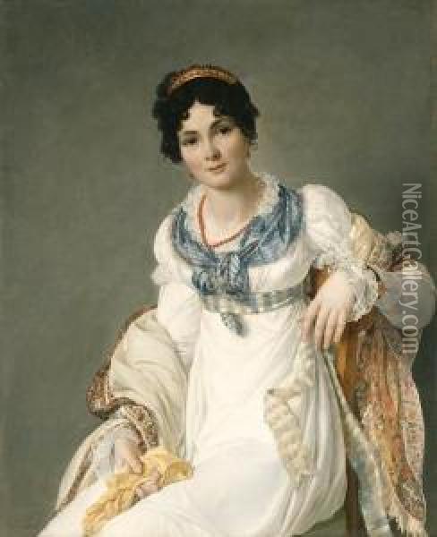 Portrait Of A Lady, Seated Three-quarter Length, Wearing A Whitedress With A Paisley Shawl And Holding A Glove Oil Painting - Francois Henri Mulard