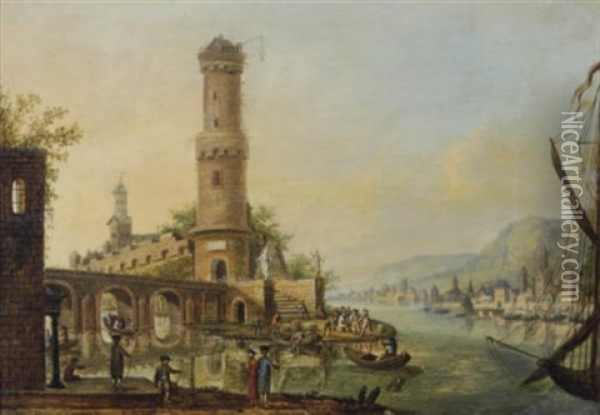 A Capriccio Of The Rhine With Elegant Figures On The Banks, Figures Unloading Fishing Boats Beyond Oil Painting - Johannes Huibert (Hendric) Prins