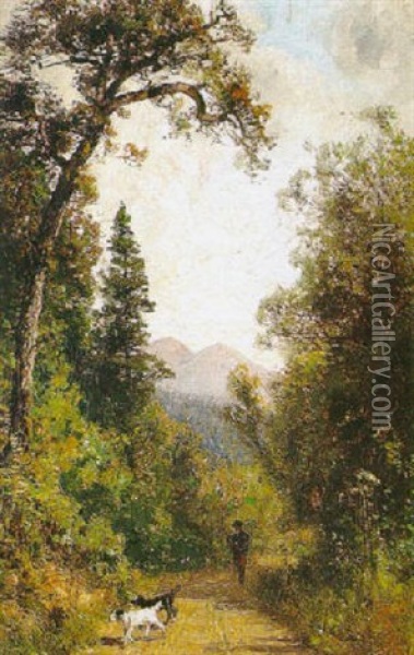 Out For A Walk On A Mountain Path With Two Dogs Oil Painting - Thomas Hill