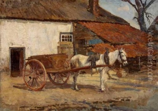 Horse And Carriage In A Farm Yard Oil Painting - Frans David Oerder