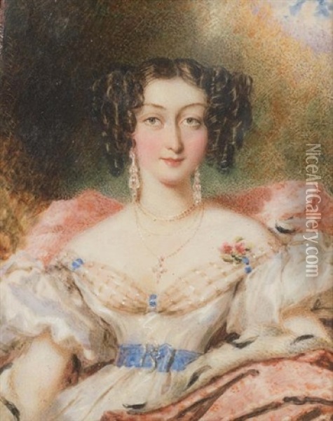 A Lady, Seated In A Chair Covered With A Pink Throw, Wearing White Dress With Puff Sleeves, Blue Sash With Diamond Buckle In The Form Of A B Oil Painting - Simon Jacques Rochard
