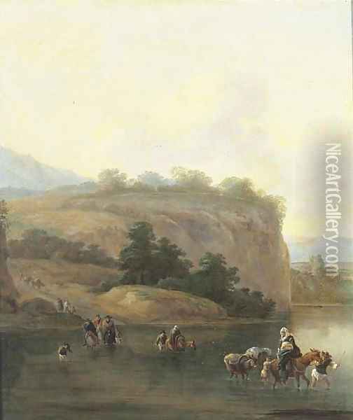 An Italianate landscape with muleteers crossing a river Oil Painting - Jan Asselyn