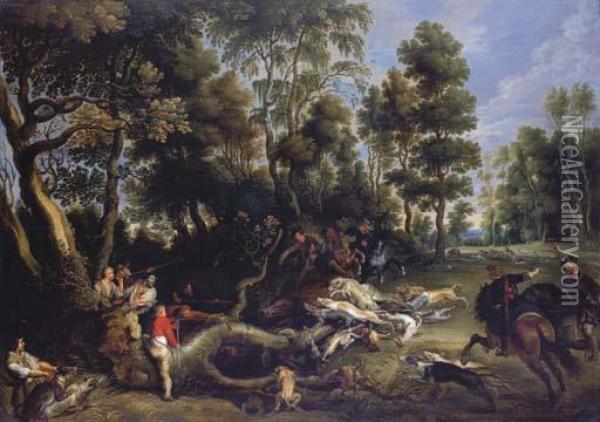 A Boar Hunt In A Wooded Landscape Oil Painting - Lucas Van Uden