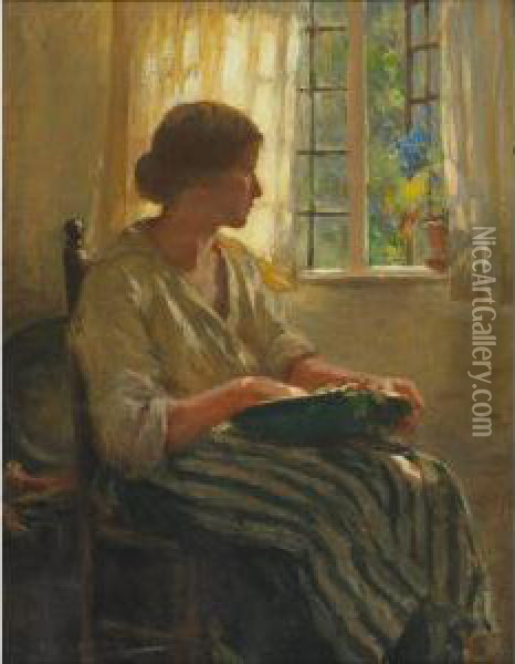 Woman By A Window Preparing Vegetables Oil Painting - Arthur Wintershaw