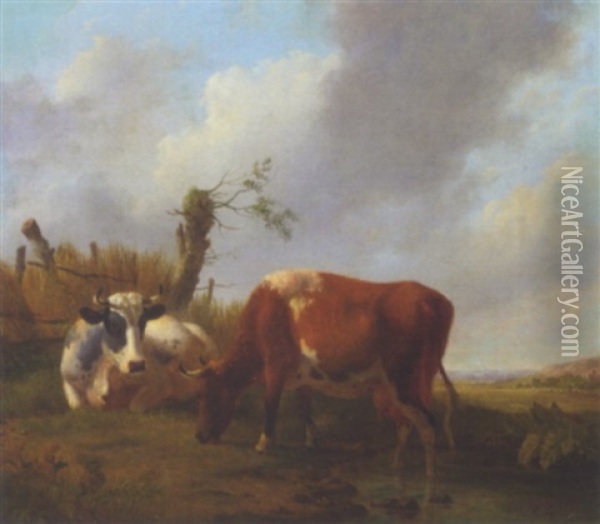 Cows By A Pond In Summer Oil Painting - Jan Kobell III
