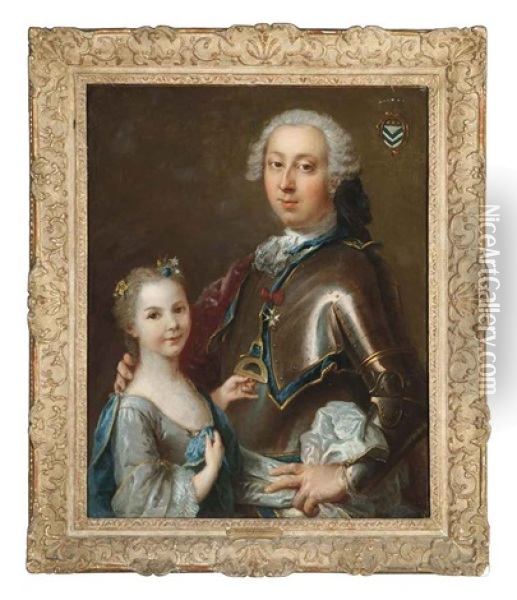 Double Portrait Of A Gentleman In Armor Wearing The Order Of Saint Nicholas The Wonderworker, And His Daughter In A Light Blue Dress Oil Painting - Louis Tocque