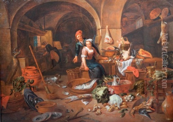 Un Couple A L'interieur D'une Cuisine Avec Une Nature Morte Au Homard Et Aux Artichauts Oil Painting - Jan Van Buken