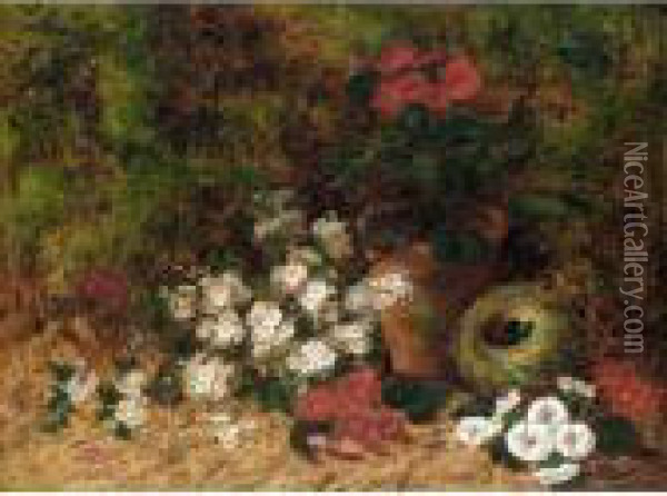 Still Life With Flowers And A Bird Nest Oil Painting - Oliver Clare