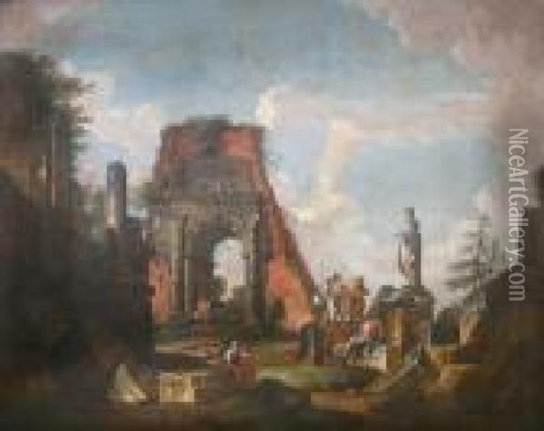 Personnages Dans Les Ruines De L'arc De Vespasien A Rome Oil Painting - Giovanni Niccolo Servandoni