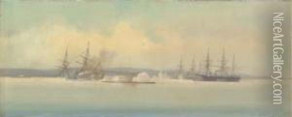 Combat Naval Oil Painting - Jean Baptiste Henri Durand-Brager