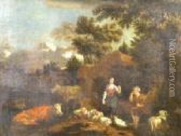 Figures In A Wooded Landscape With Sheep And Cattle Oil Painting - Nicolaes Berchem