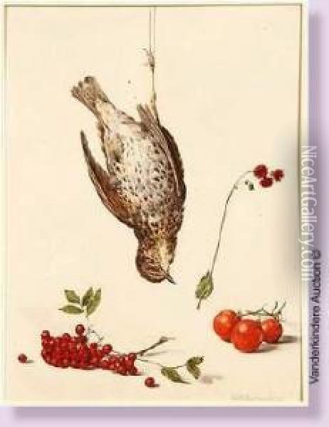 Nature Morte A La Grive Et Aux Fruits Rouges Oil Painting - Pieter Ernst Hendrik Praetorius