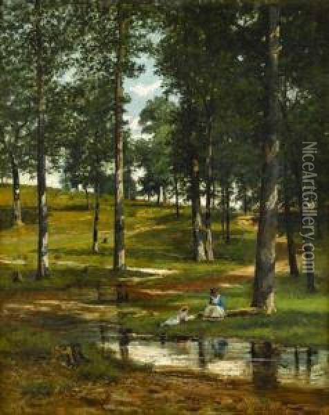 Park Scene With Ladies Reading Oil Painting - Christopher H. Shearer