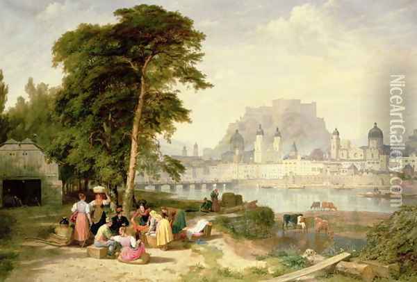 City of Salzburg, The Archbishops Palace on the Rock Oil Painting - Philip Hutchins Rogers