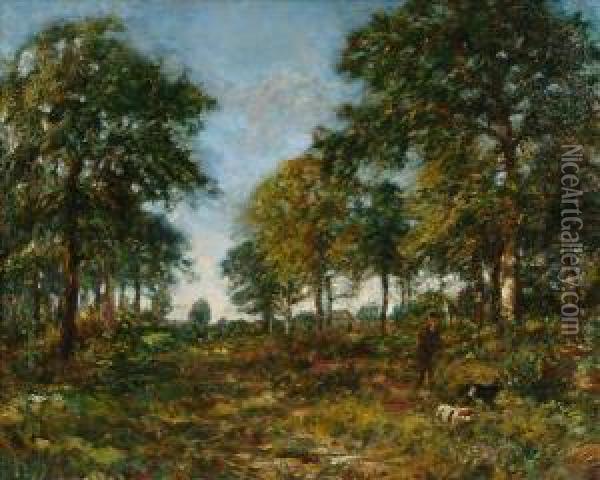 Walking And Dogs In A Woodland Ride Oil Painting - George A. Boyle