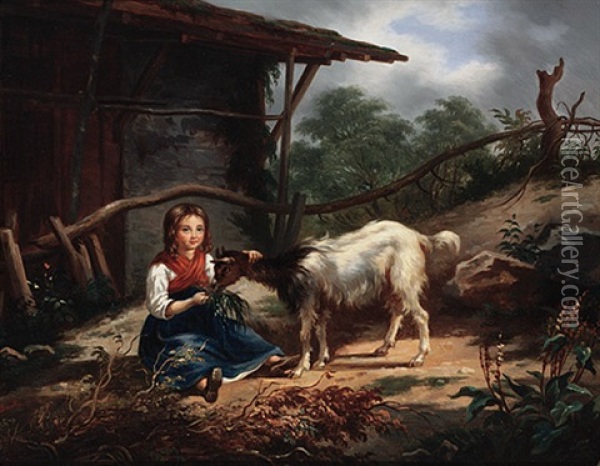 Walliser Madchen Futtert Eine Ziege Vor Einer Malerischen Kate Oil Painting - Joseph Henri Deville