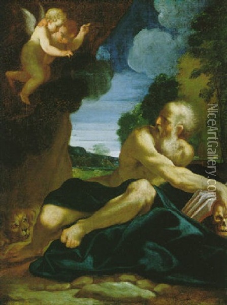 Der Heilige Hieronymus Mit Dem Lowen Und Zwei Engeln Oil Painting - Ludovico Carracci