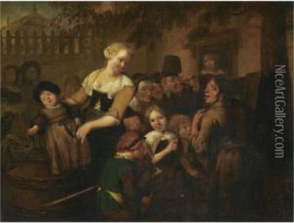 A Village Scene With Children And Villagers Gathered Around A Travelling Entertainer Oil Painting - Richard Brakenburgh
