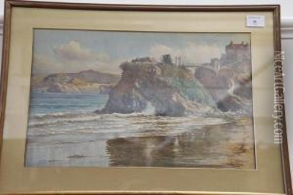 Newquay Island Bridge, And Another Coastal Scene Oil Painting - Douglas Houzen Pinder