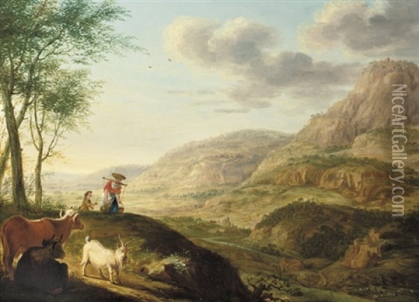 An Extensive Mountainous River Landscape With A Milkmaid (collab. W/cornelis Saftleven) Oil Painting - Herman Saftleven