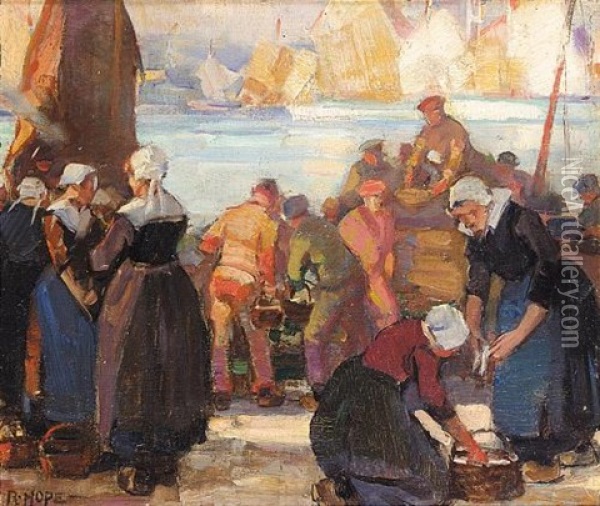 A Breton Fish Market Oil Painting - Robert Hope