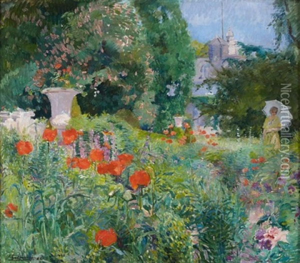 Elegante Dans Le Parc Fleuri De Coquelicots Oil Painting - Ernest Jean Joseph Godfrinon