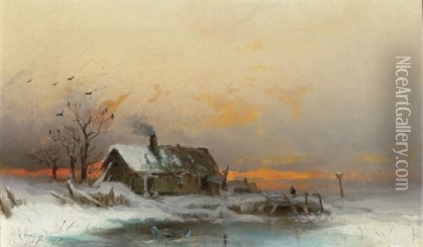 Vinterbild Med Stuga Vid Vattendrag Oil Painting - Wilhelm von Gegerfelt