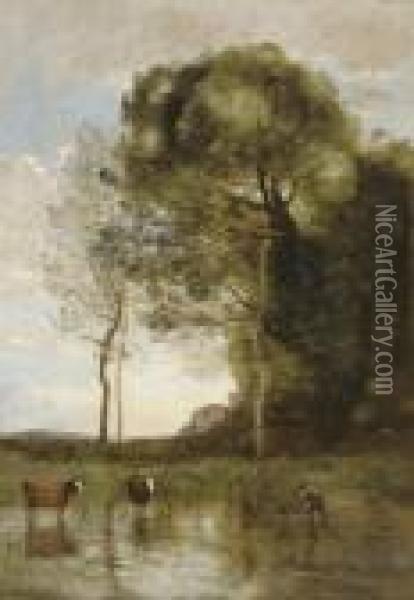 Bords D'etang Aux Deux Vaches, Souvenir D'italie Oil Painting - Jean-Baptiste-Camille Corot