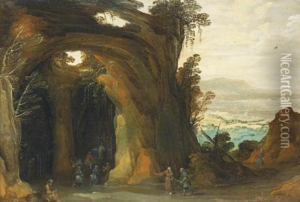 A Landscape With Pilgrims Attending Mass In A Grotto Oil Painting - Joos De Momper