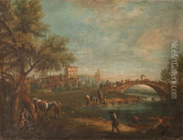 A River Landscape With Figures On The Banks, A Drover And His Flock Crossing A Bridge Beyond Oil Painting - Francesco Simonini
