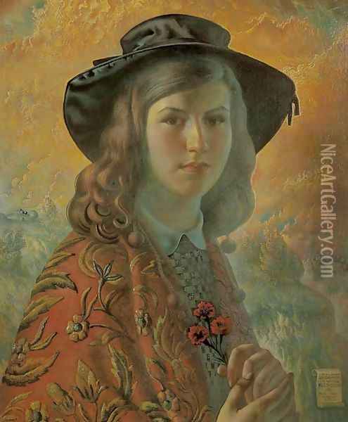 Portrait of the Artist's Daughter in Spanish Shawl Oil Painting - Ludomir Slendzinski