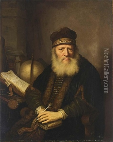 A Portrait Of A Philosopher Holding A Pen And A Book In His Hands Oil Painting - Govaert Flinck